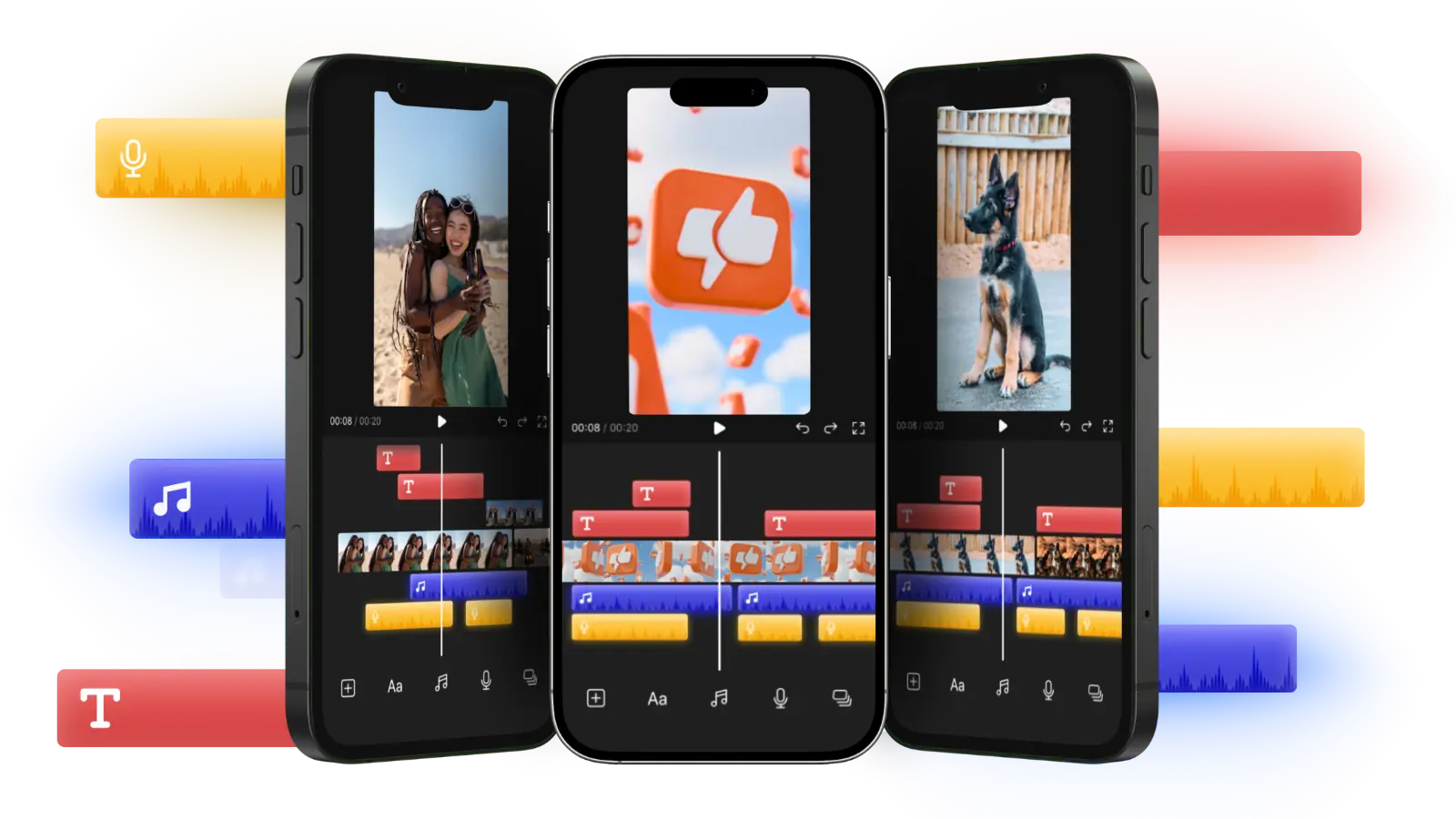 Clapper built-in video editing tools on three phones